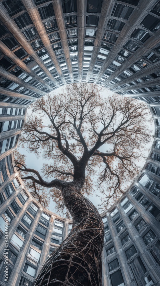 Poster low-angle view of a large tree surrounded by a circular building.