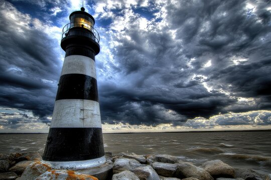 Stormy skies gather over a black and white lighthouse standing tall on a rocky shoreline - Powered by Adobe
