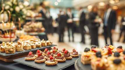 Elegant catering display with miniature pastries and appetizers served on slate boards for a sophisticated event.