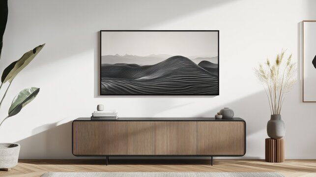 Fototapeta Modern minimalist living room featuring a  screen.