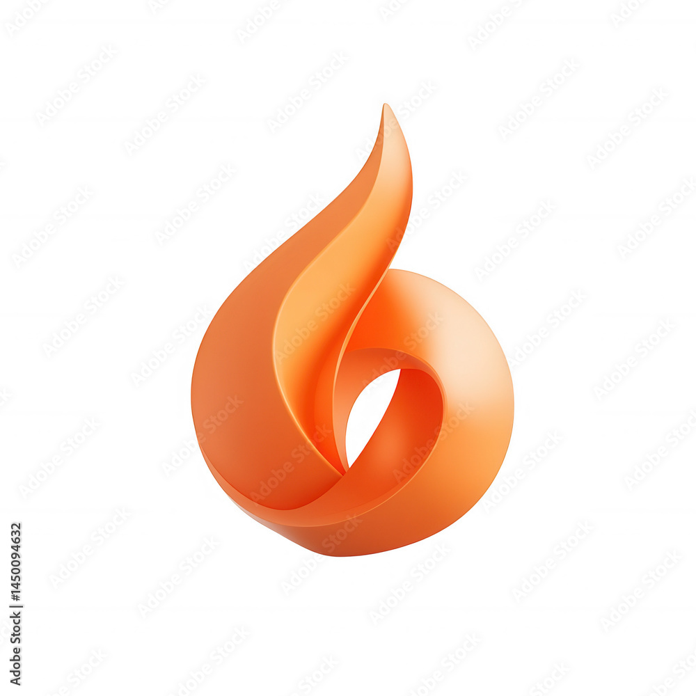Poster 3d icon glossy orange flame rising from white abstract shape, creating symbol modern and dynamic fir