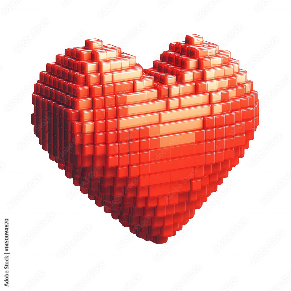Poster 3d icon pixel heart glowing in vibrant red, representing emotional transparent with soft connection 