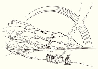 Fototapeta premium Holy human familie male son wife stand look stone ocean sea dry rock hill field land slope white sky rain cloud smoke arc view scene. Hand drawn line art sketch retro cartoon sign save life fire hope