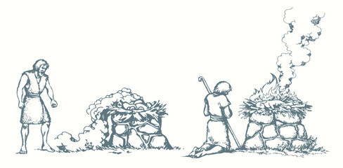 Vector drawing. Man Offers a Sacrifice to God
