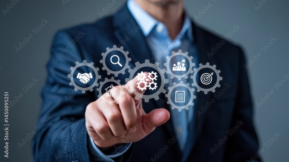 Poster businessman interacts with interconnected gears symbolizing process.