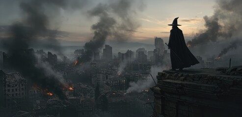 The Sorcerer’s Return – A sinister mage atop a tower, gazing over a ruined city.