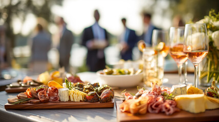 Fototapeta premium Elegant outdoor reception with charcuterie boards and rosé wine, creating a sophisticated and inviting atmosphere for socializing.