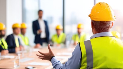Construction professionals engage in a meeting, discussing project strategies in a modern office