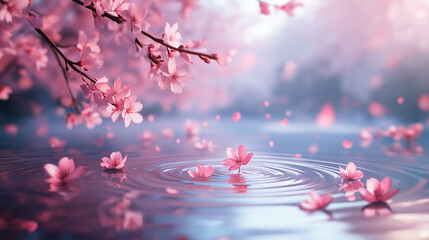 Clear water swirl ripple surface with blooming cherry blossom sakura on dreamy scenery background.