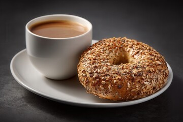 A freshly brewed cup of coffee with an everything bagel on a white plate.