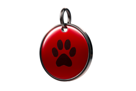 Customizable pet tag with red background and paw design