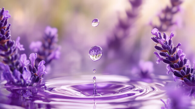 Clear water droplet swirl ripple surface with blooming lavender close-up on blur flowers background.
