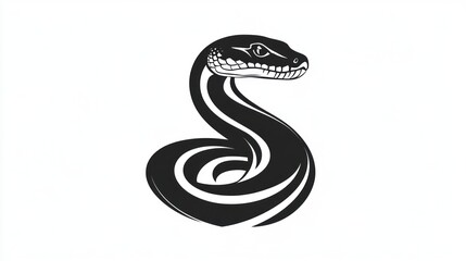 Fototapeta premium Snake illustration, black and white, coiled, symbolic, tattoo design, background is plain, vector art, graphic, poster