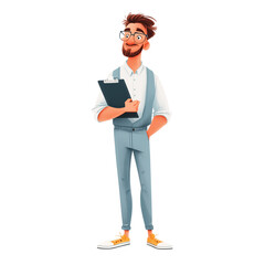 Cartoon Young Professional Holding Clipboard with Confident Smile and Glasses Isolated on Transparent Background