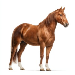 A Strong Chestnut Horse Standing Profile View Isolated on White Background Perfect for Equestrian Stock