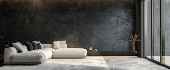 The interior design, rendered in 3D, features an empty luxury living room with a black wall texture pattern as the backdrop   