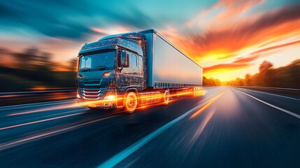  Double Exposure of Trucks with Modern Technology and Logistics Theme 