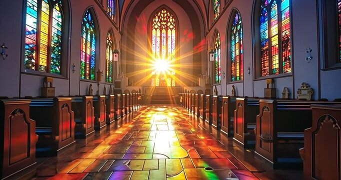 The Stunning Interior of a Church Featuring Beautiful Stained Glass Windows