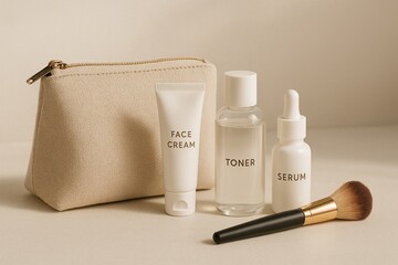 Travel-size beauty kit with zipped pouch and essentials