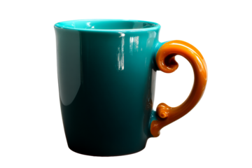 Unique teal mug with an orange curly handle for coffee lovers