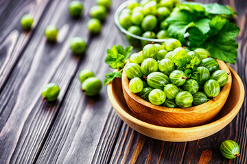 Green Organic Berries Gooseberries.Green gooseberries in a wooden bowl.Gooseberries on the wooden table. Harvest concept. Vegetarian food.