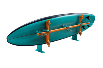Surfboard display featuring a sleek design with turquoise hues