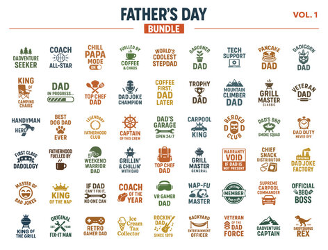 A high-resolution Father's Day T-shirt design bundle featuring 54 unique retro-style illustrations and typographic slogans for dads.