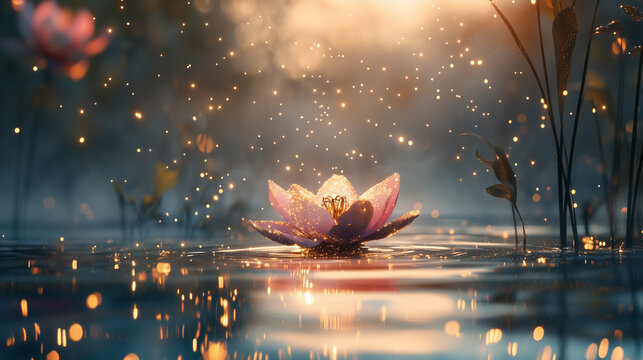 Clear water droplet swirl ripple surface with blooming flowers lotus with dawn morning background.	