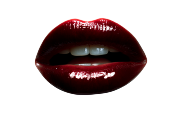Close up of glossy red lips on transparent background