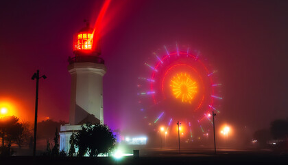 Batumi lighthouse glowing through dense fog with neon Ferris wheel in background, creating surreal urban nightscape. Perfect for travel, coastal architecture, nightlife and misty weather concepts.