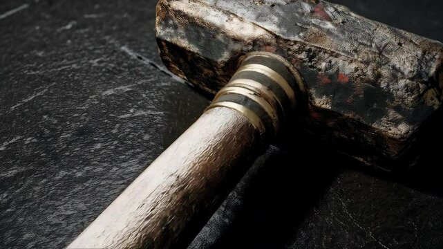 Close-up studio shot of a used sledgehammer resting on a dark marbled surface with metal accents near the hammerhead.