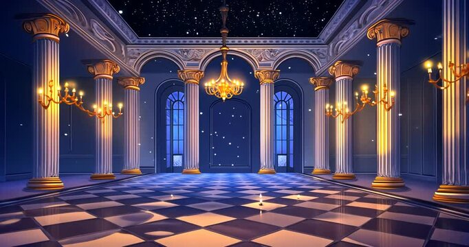 Elegant Ballroom Interior with Sparkling Chandeliers and Checkered Floor