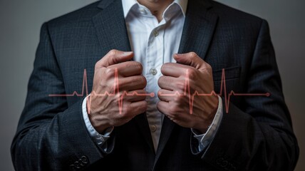 Businessman's hands clasped over a superimposed heartbeat graphic.