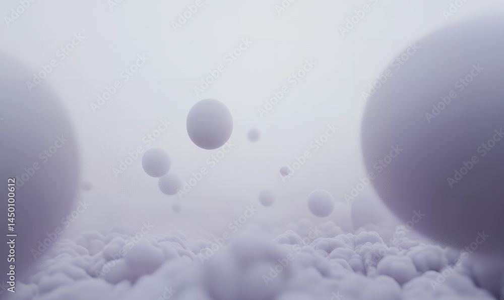 Poster abstract 3d render of white spheres floating above soft clouds minimalist design background