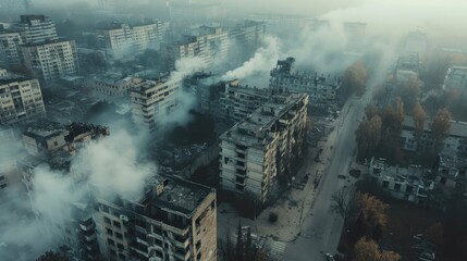 Aerial view of destroyed urban area with damaged buildings and rising smoke in foggy atmosphere background