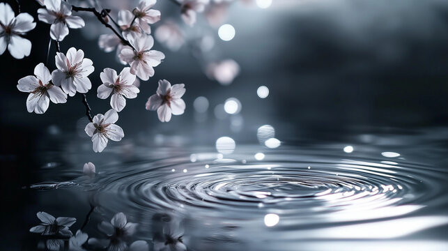 Clear water droplet swirl ripple surface with blooming flowers sakura cherry blossom in night scenery.