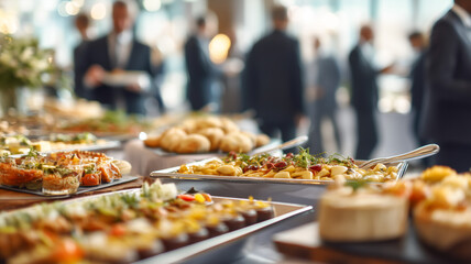 Catering at a Business Event: Close-up of appetizer display, with blurred figures in suits milling in the background.
