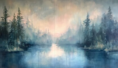 Fototapeta premium Misty forest lake landscape painting. Soft colors of blue, gray, and peach depict a serene scene of a tranquil lake nestled amongst towering evergreen trees.