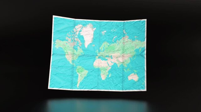 Folding world map animation. World map unfolding and folding back on a sleek minimalist black background. Loop. Realistic and modern style. Travel, geography, global exploration concept.