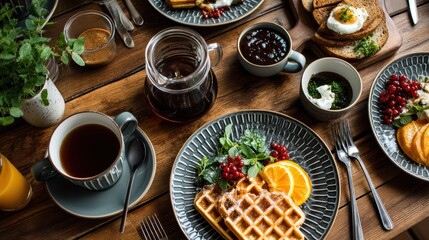 Lazy weekend brunch with waffles and coffee