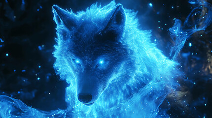 A mystical wolf with glowing blue fur and starry eyes