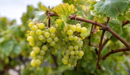 Fototapeta premium Close-up of fresh green grapes glistening with dew on a vine in a vineyard.