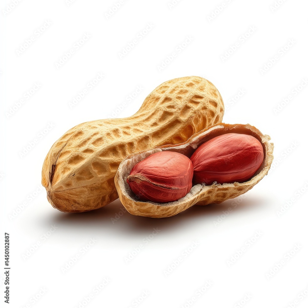 Poster two ripe peanuts in shell isolated on white background showing delicious red peanut kernels high res