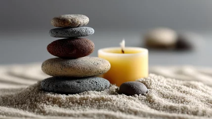 Zen stones and candle on white sand background