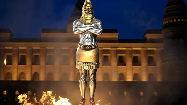 A statue made of various metals dream of an ancient empire king with ancient architecture in the background Biblical Prophecies World Empires 4K