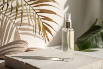 Naklejka premium Skin toner bottle with a shadow of leaf in background (clean aesthetic)