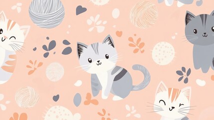 Obraz premium Pastel cats and yarn pattern background design.