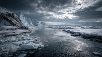 Fototapeta premium A pristine glacier meeting the ocean under dramatic clouds, with icy blue textures and melting streams running into the sea