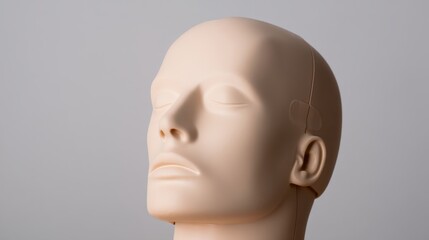 Close-up of a lifelike mannequin head showcasing serene expression against a plain backdrop