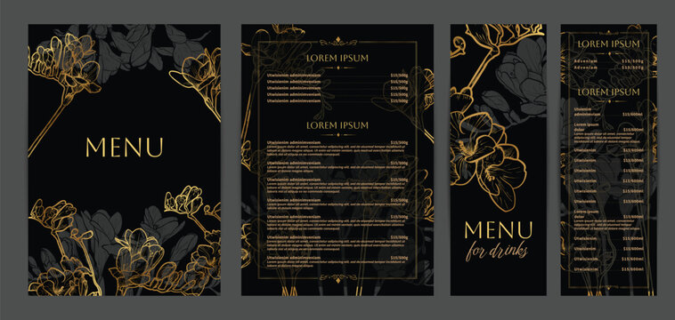 Luxurious food and drinks menu designs. Restaurant menu template. Elegant vector A4 format with high quality flowers for print and online usage. Golden hand drawn line art freesia illustrations.